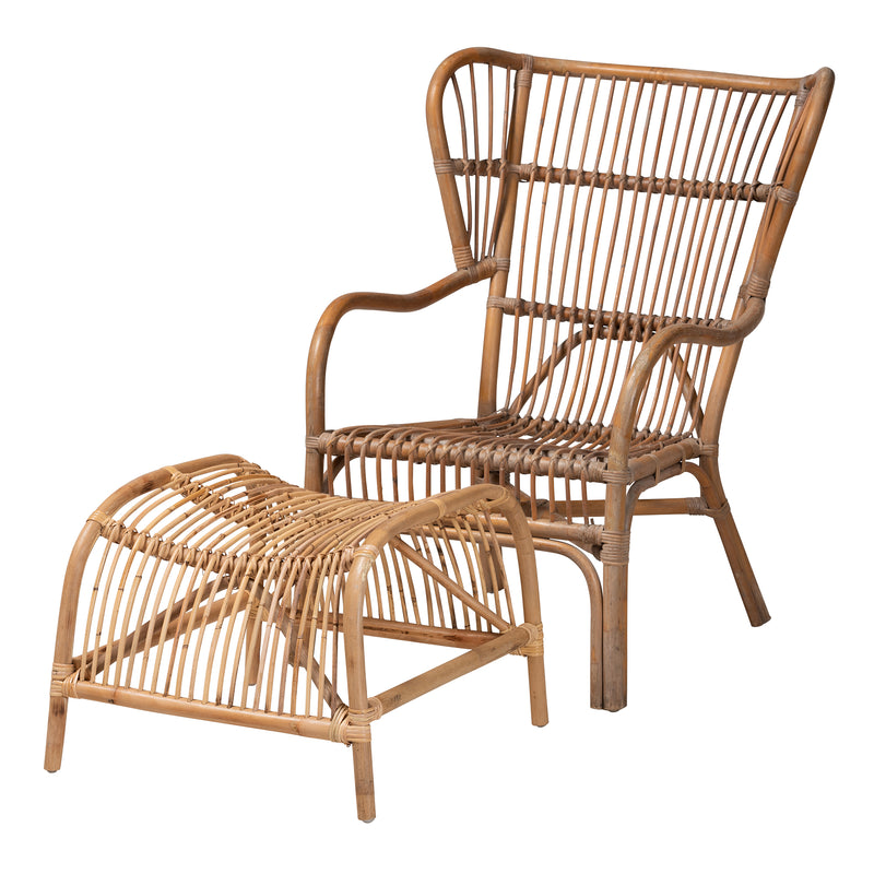 Lamaria Modern Bohemian Rattan Chair and Footstool Set - Stylish 2-Piece Seating for Living Room or Patio, Comfortable and Durable Design