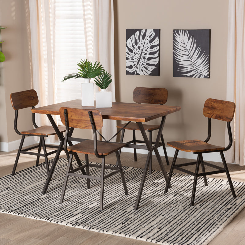 Irwin 5-Piece Dining Set Modern Industrial Design with Walnut Brown Wood and Black Metal Accents