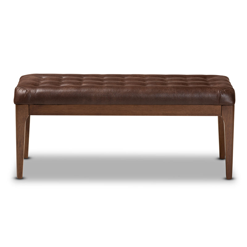 Walsh Dining Bench Mid-Century Modern Dark Brown Leather-Effect Polyester Fabric Upholstered Walnut Brown Finished Wood