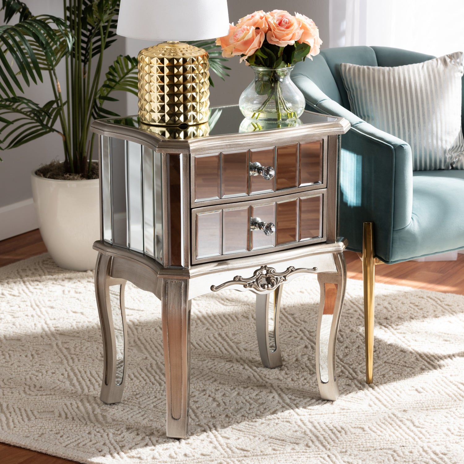 Elgin End Table - Contemporary Glam Design with Brushed Silver Wood and Mirrored Glass, Featuring 2 Stylish Storage Drawers