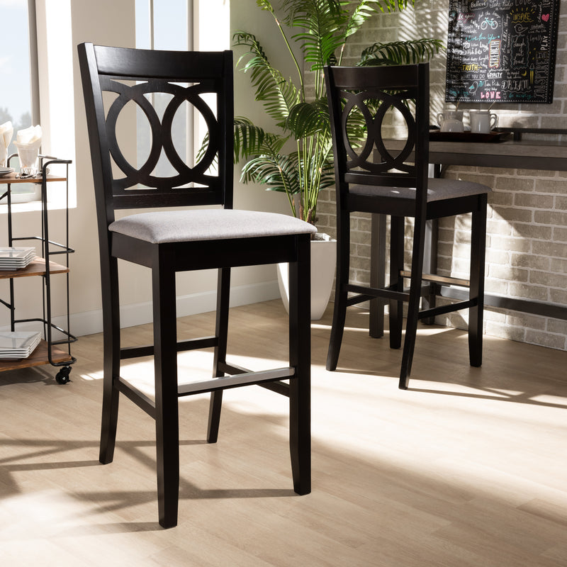 Carson Bar Stool Set Modern and Contemporary Grey Fabric Upholstered Espresso Brown Finished Wood 2-Piece