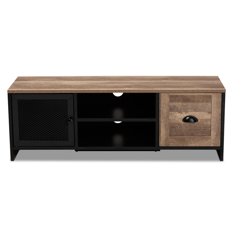 Connell TV Stand - Modern Industrial Design with Two-Tone Brown and Black Wood, Featuring 2 Doors for Storage