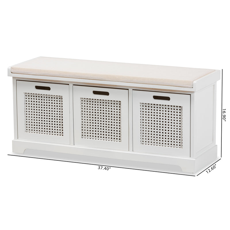 Tabor Storage Bench Modern Beige Fabric Upholstered with White Finished Wood and 3 Rattan Accent Baskets for Stylish Organization