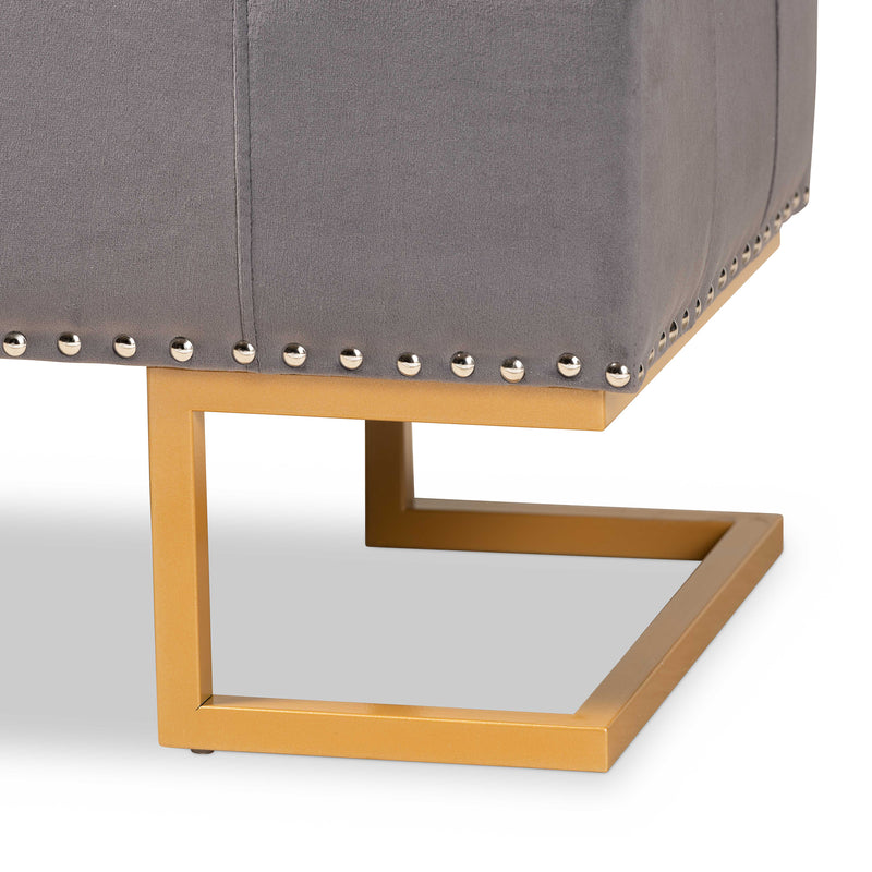 Ellery Ottoman Luxe and Glam Grey Velvet Fabric Upholstered Gold Finished Metal Storage