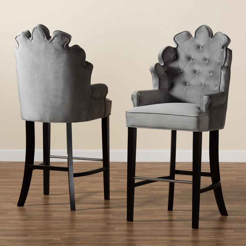 Chloe Bar Stool Set Modern and Contemporary Dark Grey Velvet Upholstered and Dark Brown Finished Wood 2-Piece