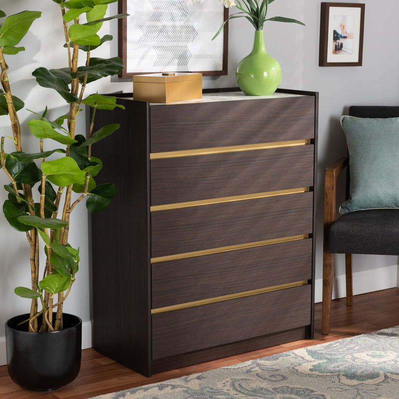 Walker 5-Drawer Chest Modern Contemporary Dark Brown Gold Finished Wood Faux Marble Top Stylish Storage Solution