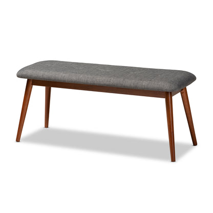 Flora II Dining Bench Mid-Century Modern Dark Grey Fabric Upholstered Medium Oak Finished Wood