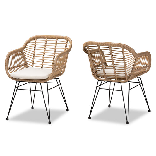 Giorgia Patio Chair Set - Modern 2-Piece Beige Fabric and Brown Synthetic Rattan Outdoor Seating