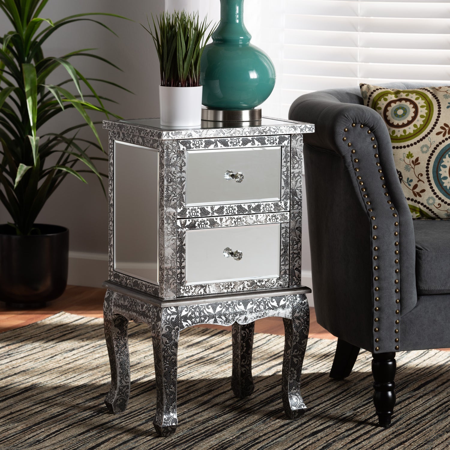 Wycliff End Table - Industrial Glam Design with Silver Metal and Mirrored Glass, Featuring 2 Drawers for Stylish Storage