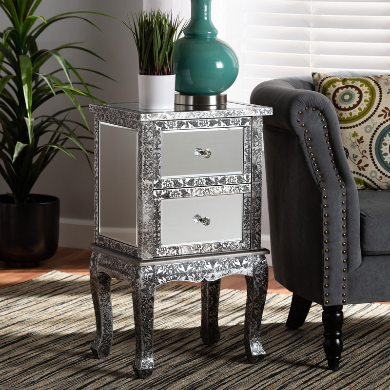 Wycliff End Table - Industrial Glam Design with Silver Metal and Mirrored Glass, Featuring 2 Drawers for Stylish Storage