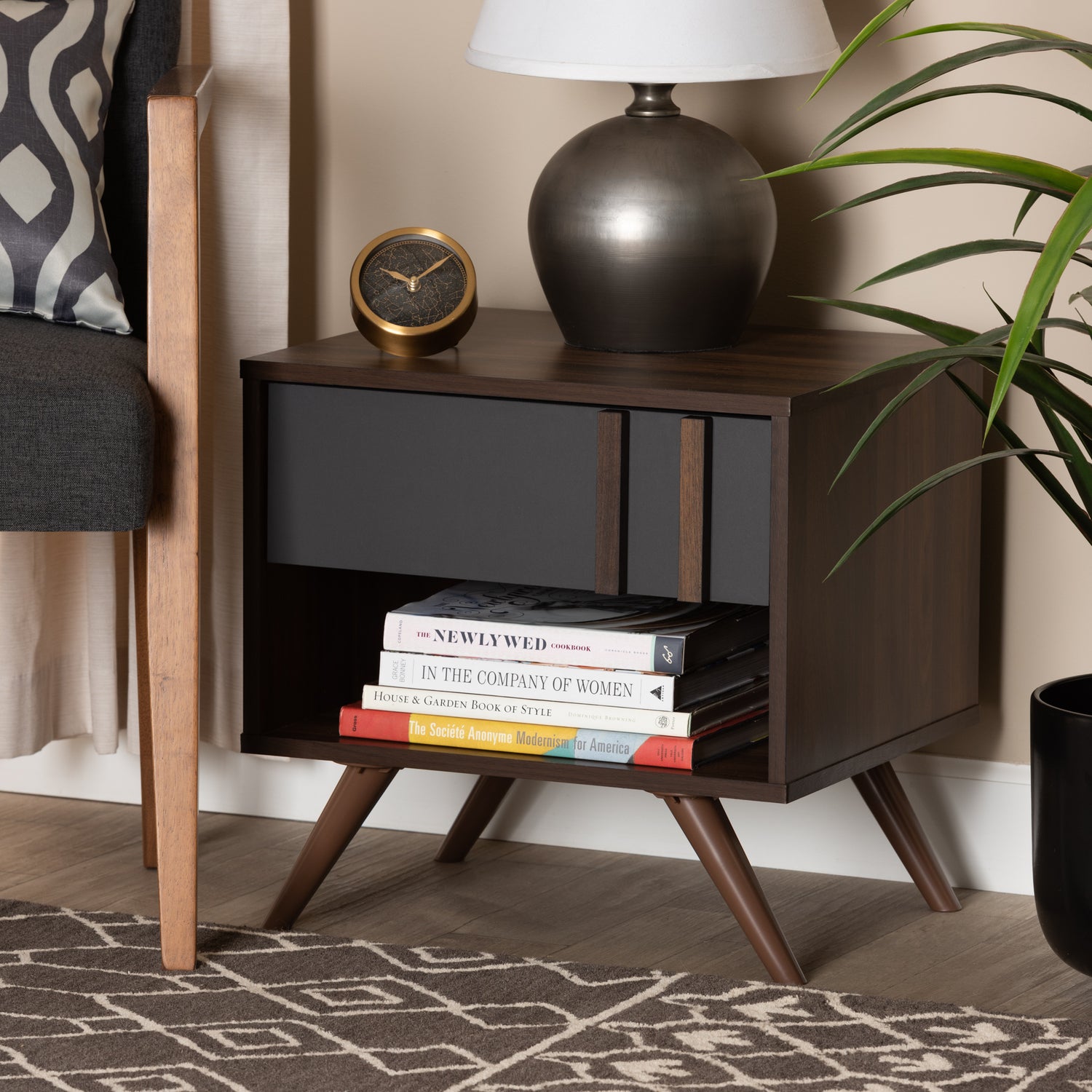 Naoki Nightstand - Modern Two-Tone Grey and Walnut Wood with 1 Drawer for Bedroom Storage