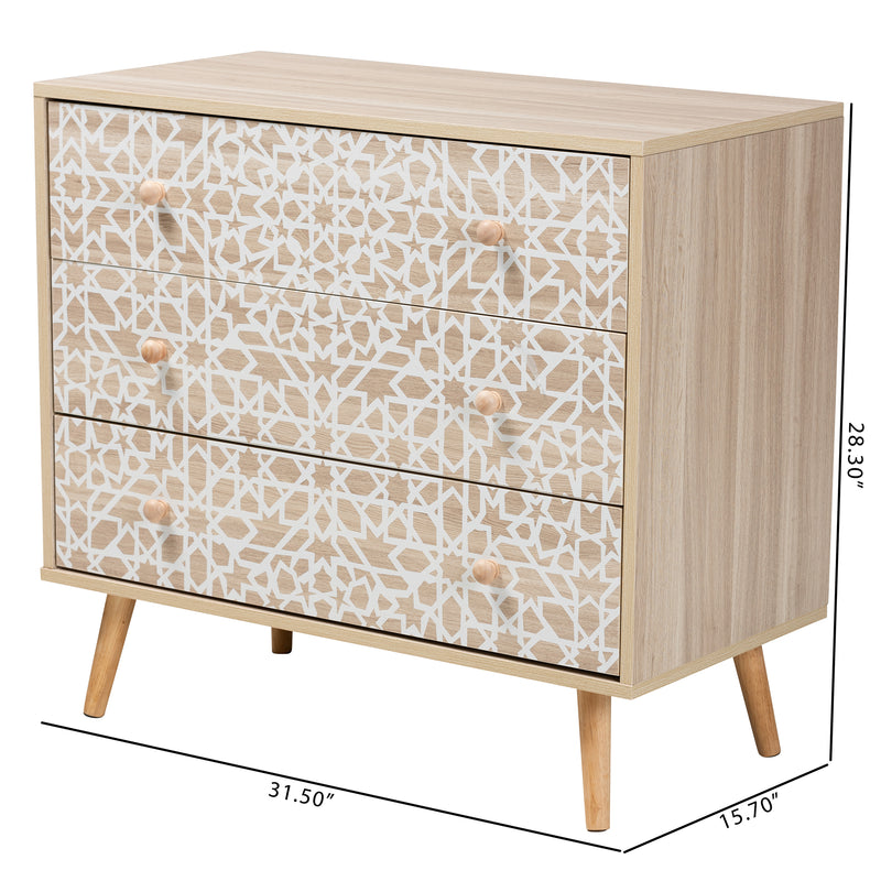 Beau Storage Cabinet Mid-Century Modern Design with Two-Tone White and Oak Brown Wood, Featuring 3 Drawers for Stylish Organization