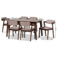 Althea 7-Piece Dining Set in Mid-Century Modern Style with Warm Grey Fabric and Dark Brown Wood Finish