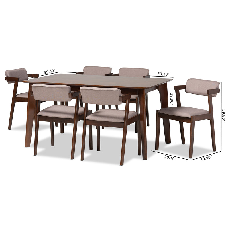 Althea 7-Piece Dining Set in Mid-Century Modern Style with Warm Grey Fabric and Dark Brown Wood Finish