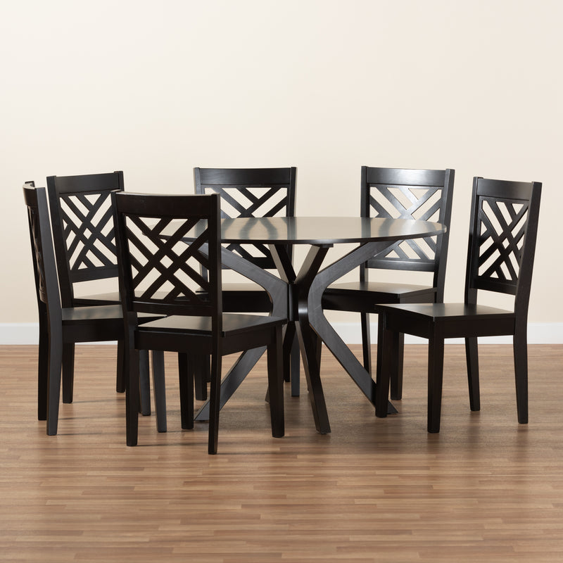 Ela Modern Contemporary 7-Piece Dining Set in Dark Brown Finished Wood