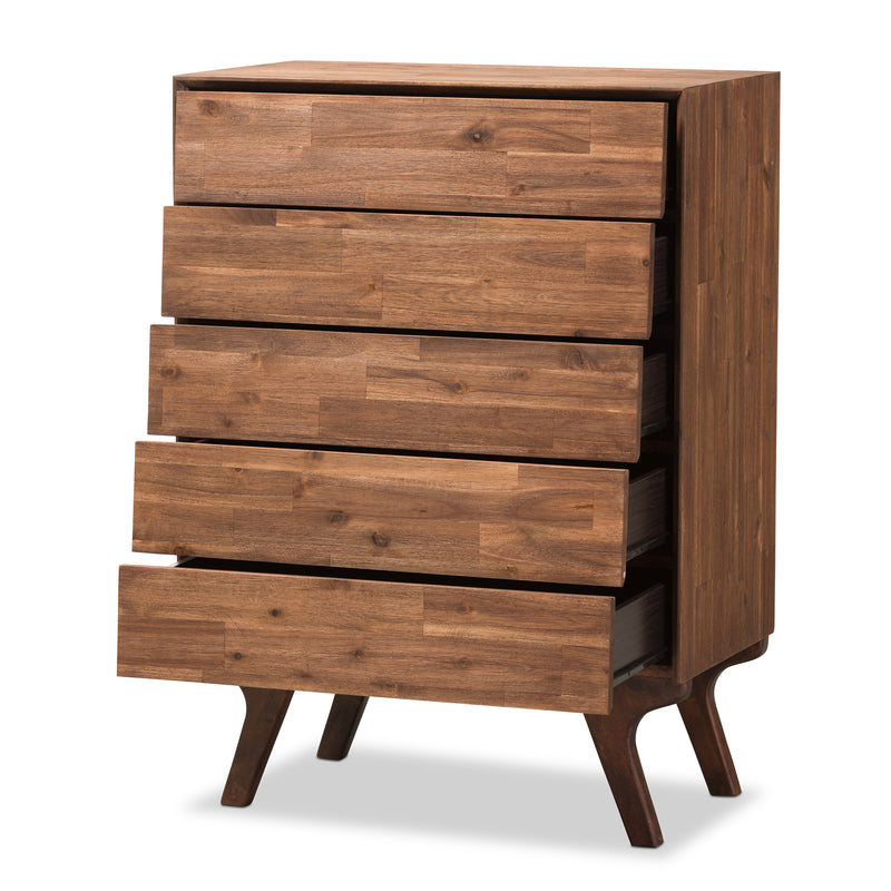 Sierra Mid-Century Modern Chest - 5-Drawer Brown Wood Storage Unit for Bedroom or Living Room