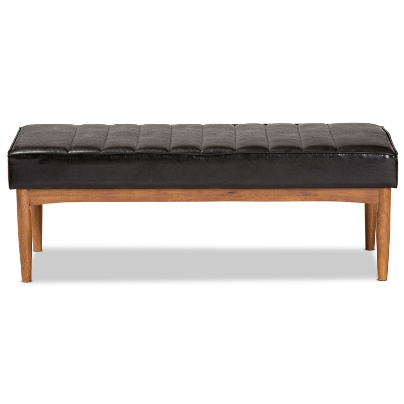 Daymond Dining Bench Mid-Century Modern Dark Brown Faux Leather Upholstered Walnut Brown Finished Wood