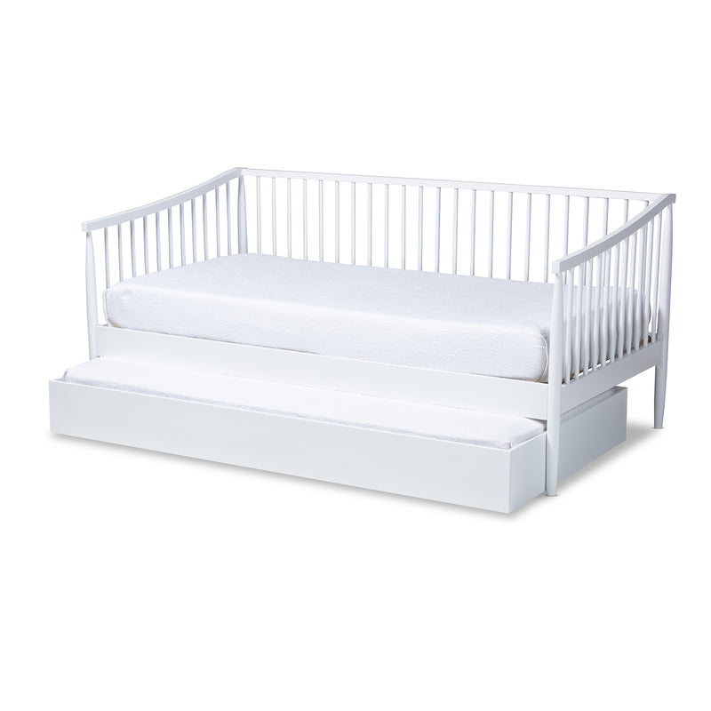 Renata Twin Size Spindle Daybed with Trundle Classic White Wood Design for Versatile Sleeping and Seating Solutions