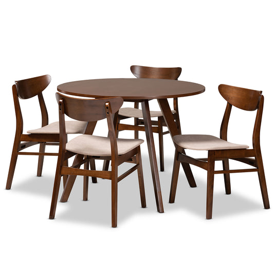 Philip Dining Set Mid-Century Modern Transitional Light Beige Fabric Upholstered Walnut Brown Finished Wood 5-Piece