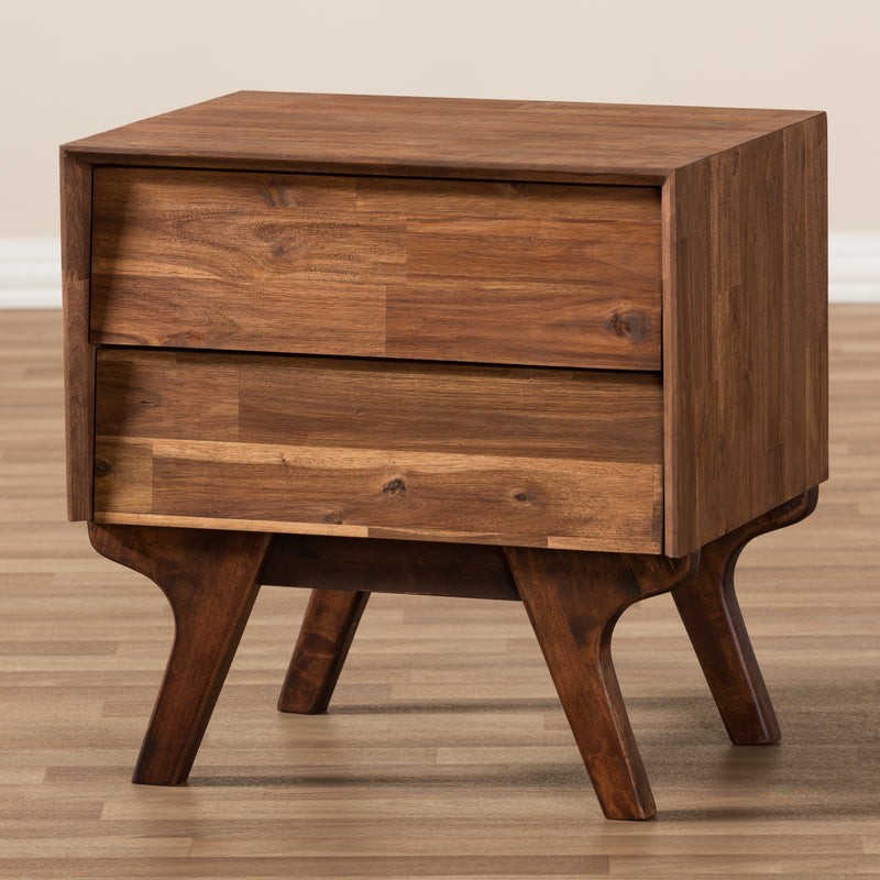 Sierra Mid-Century Modern Nightstand Brown Wood 2-Drawer Bedside Table with Stylish Design and Functional Storage