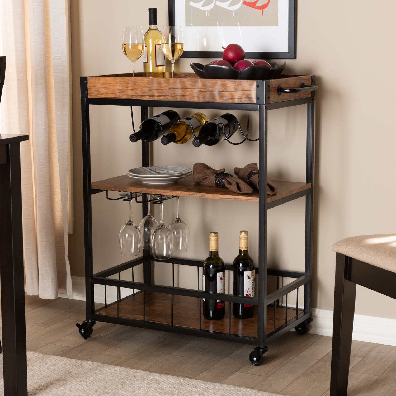 Cerne Mobile Bar Cart Vintage Rustic Industrial Design in Oak Brown and Black with Wine Bottle Rack and Storage