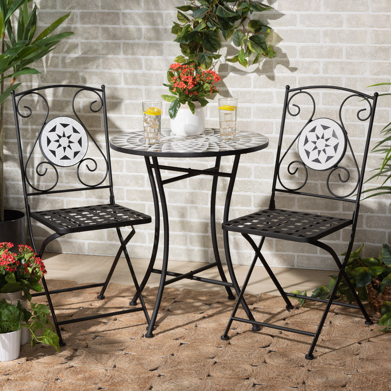 Callison Outdoor Dining Set - Modern 3-Piece Metal and Multi-Colored Glass in Black Finish for Stylish Patio Dining