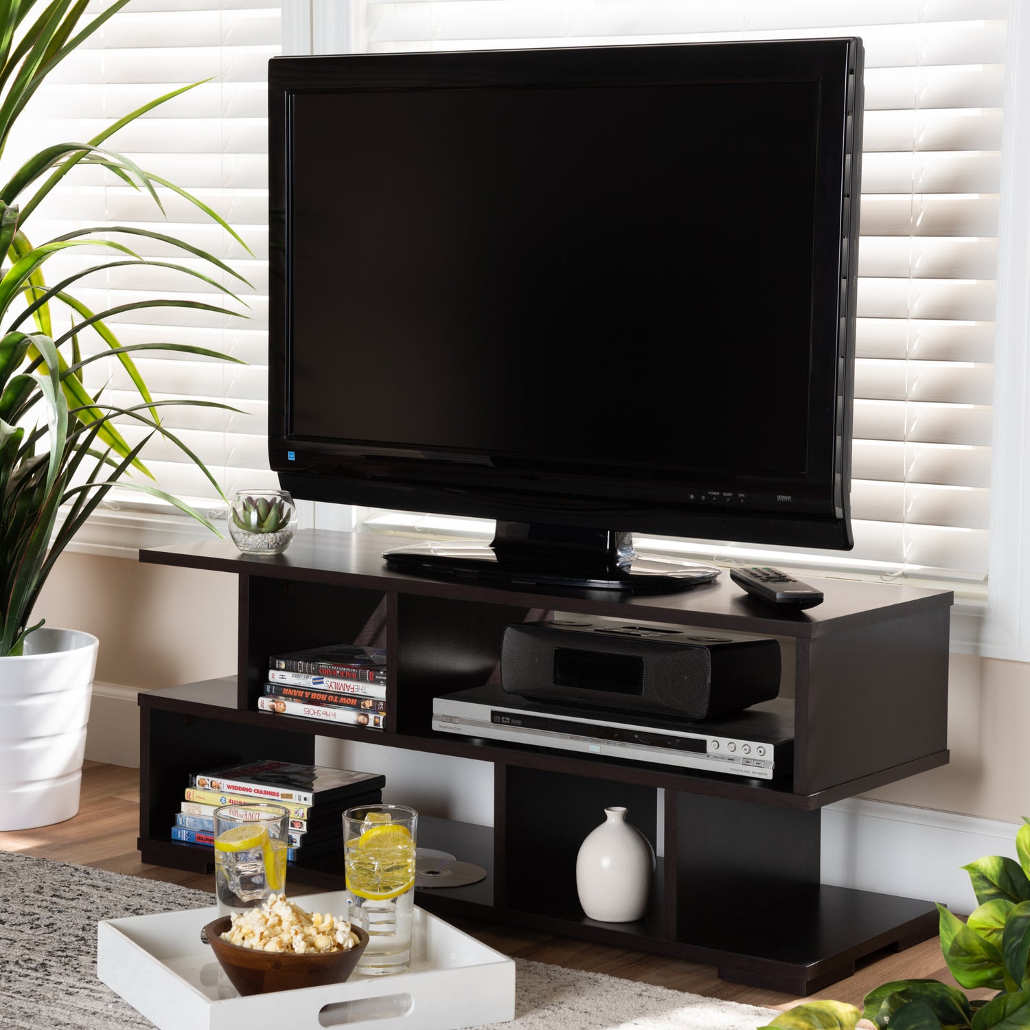 Arne TV Stand Modern Dark Brown Finished Wood Entertainment Center for Living Room Storage and Display