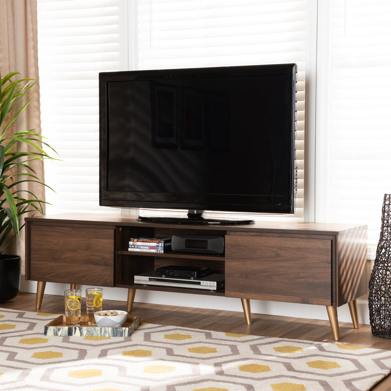 Landen Mid-Century Modern TV Stand Walnut Brown with Gold Accents for Stylish Living Room Storage and Entertainment Display