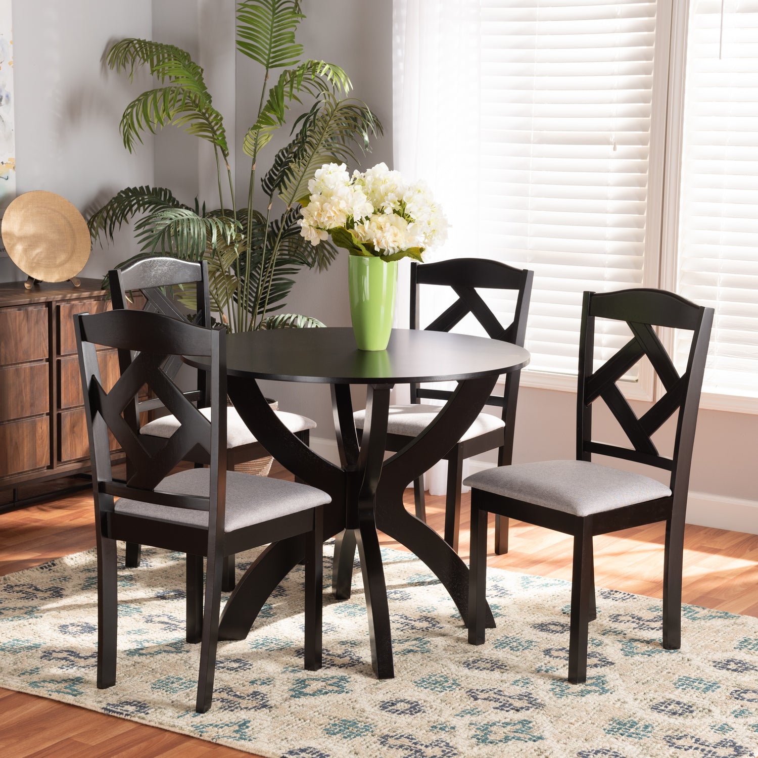 Nesa Dining Set Modern Transitional 5-Piece Grey Fabric Upholstered with Dark Brown Finished Wood for Stylish Dining Rooms