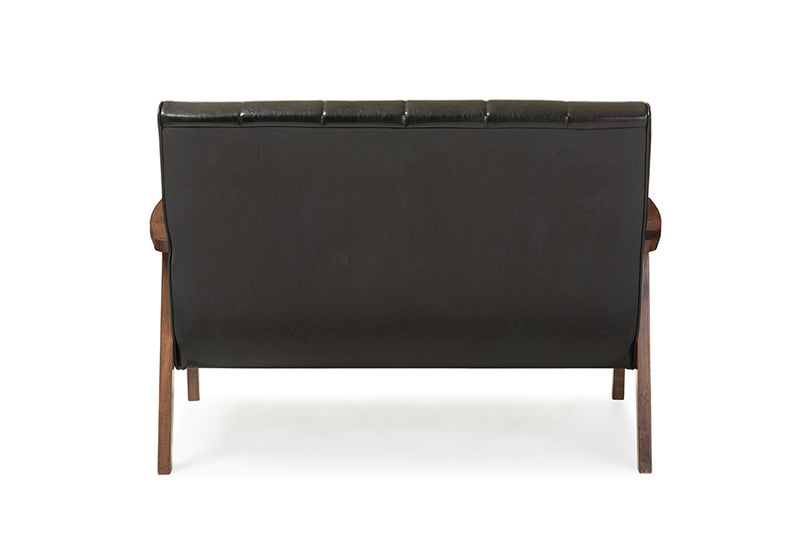 Nikko Loveseat Mid-century Modern Scandinavian Style Black Faux Leather Wooden 2-Seater