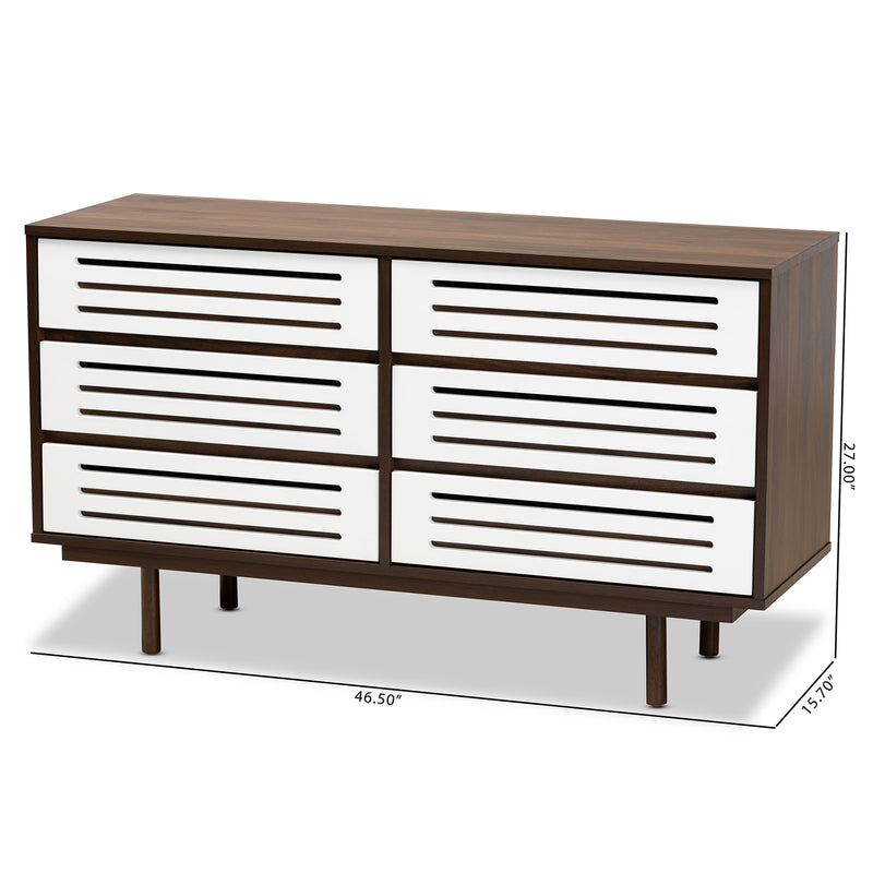 Meike Mid-Century Modern Dresser Two-Tone Walnut Brown and White 6-Drawer Storage Chest for Bedroom or Living Room