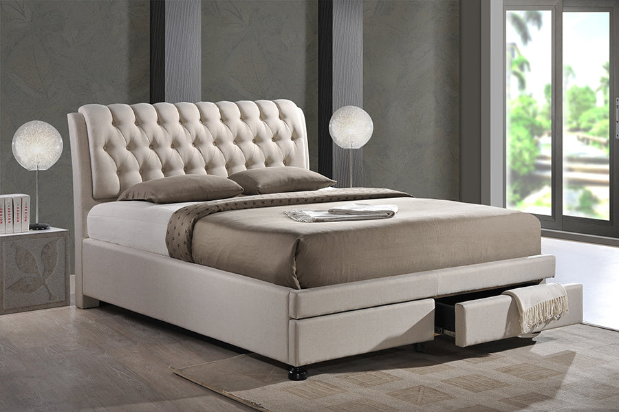 Ainge King-Size Bed Contemporary Button-Tufted Light Beige Fabric Upholstered Storage Bed with 2 Drawers for Stylish Bedroom Organization