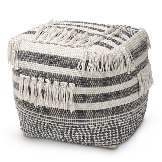 Kirby Pouf Ottoman Moroccan Inspired Handwoven Cotton in Grey and Ivory for Chic Home Decor