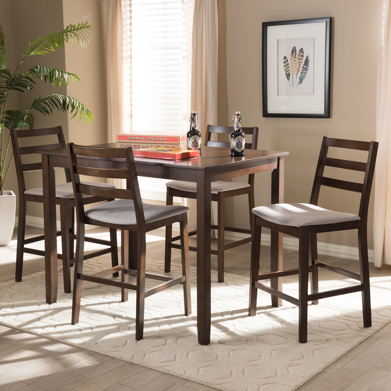 Nadine Pub Set Modern 5-Piece Dining Set with Walnut Finish and Light Grey Fabric Upholstery