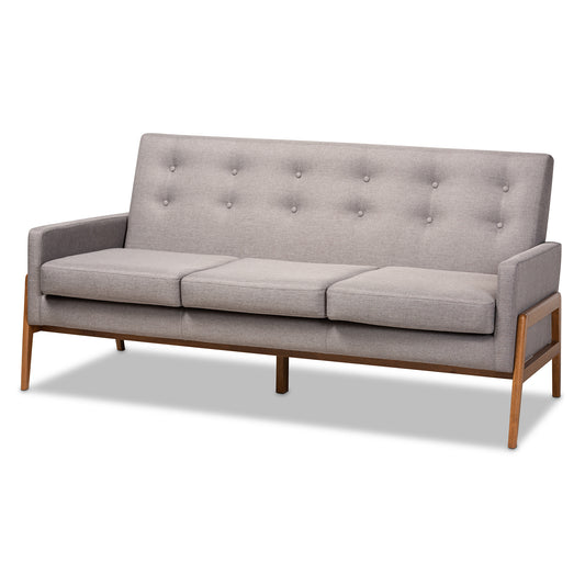 Perris Mid-Century Modern Sofa Light Grey Fabric Upholstered with Walnut Finished Frame Stylish Comfortable Living Room Furniture