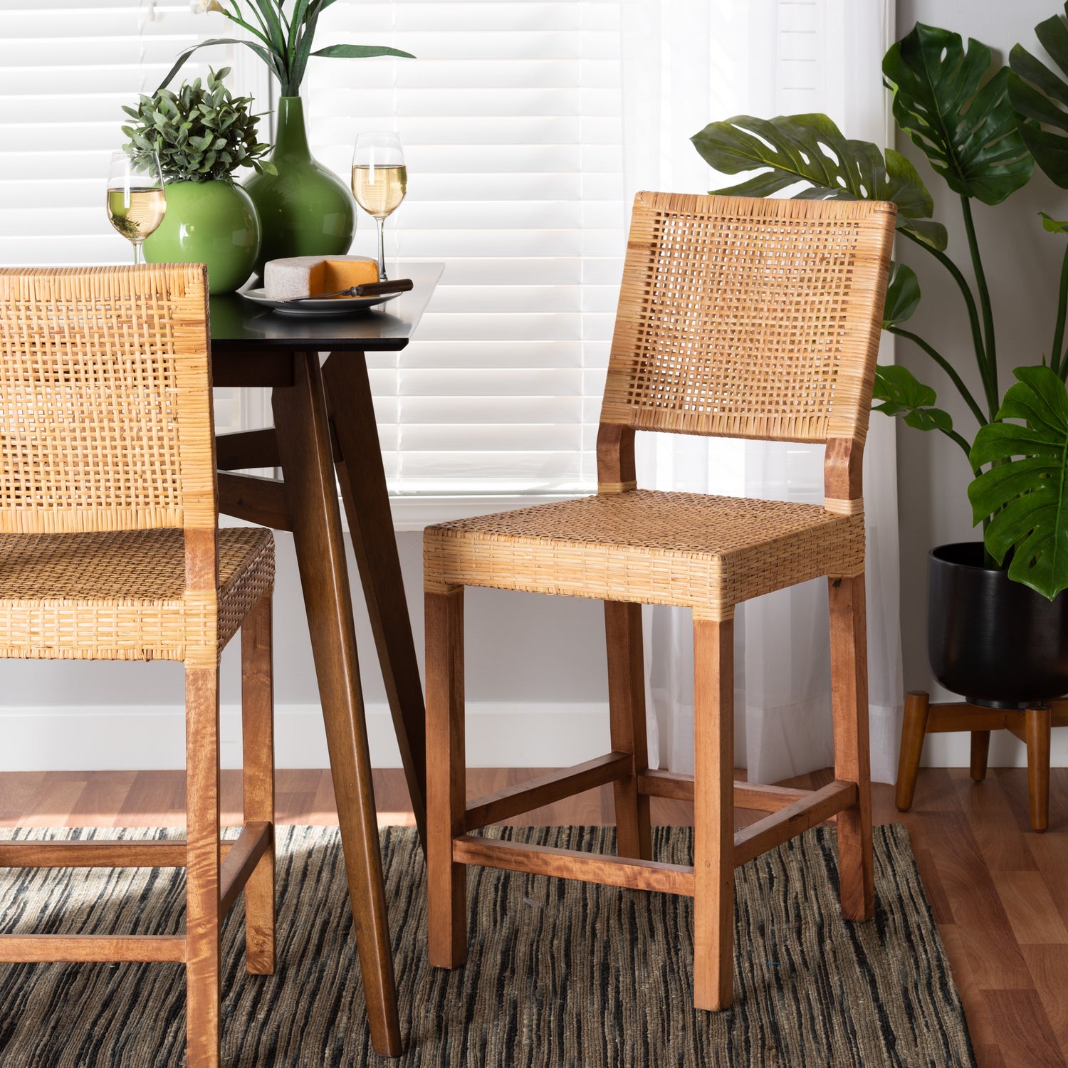 Lesia Counter Stool - Modern Bohemian Design in Natural Rattan and Walnut Mahogany Wood