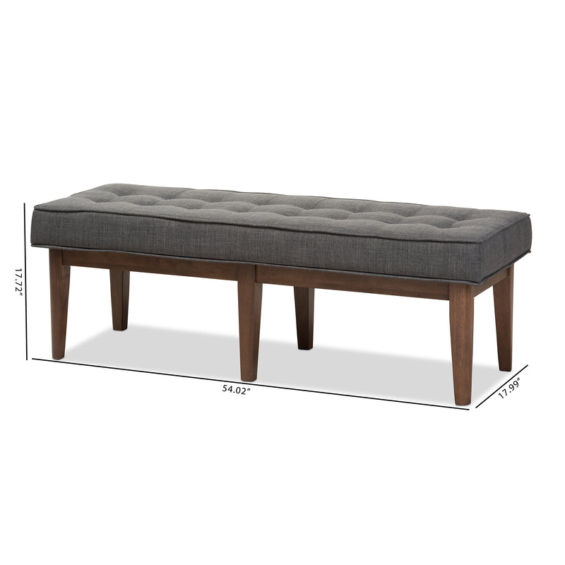 Lucca Bench Mid-Century Modern Walnut Wood with Dark Grey Fabric and Button-Tufted Upholstery