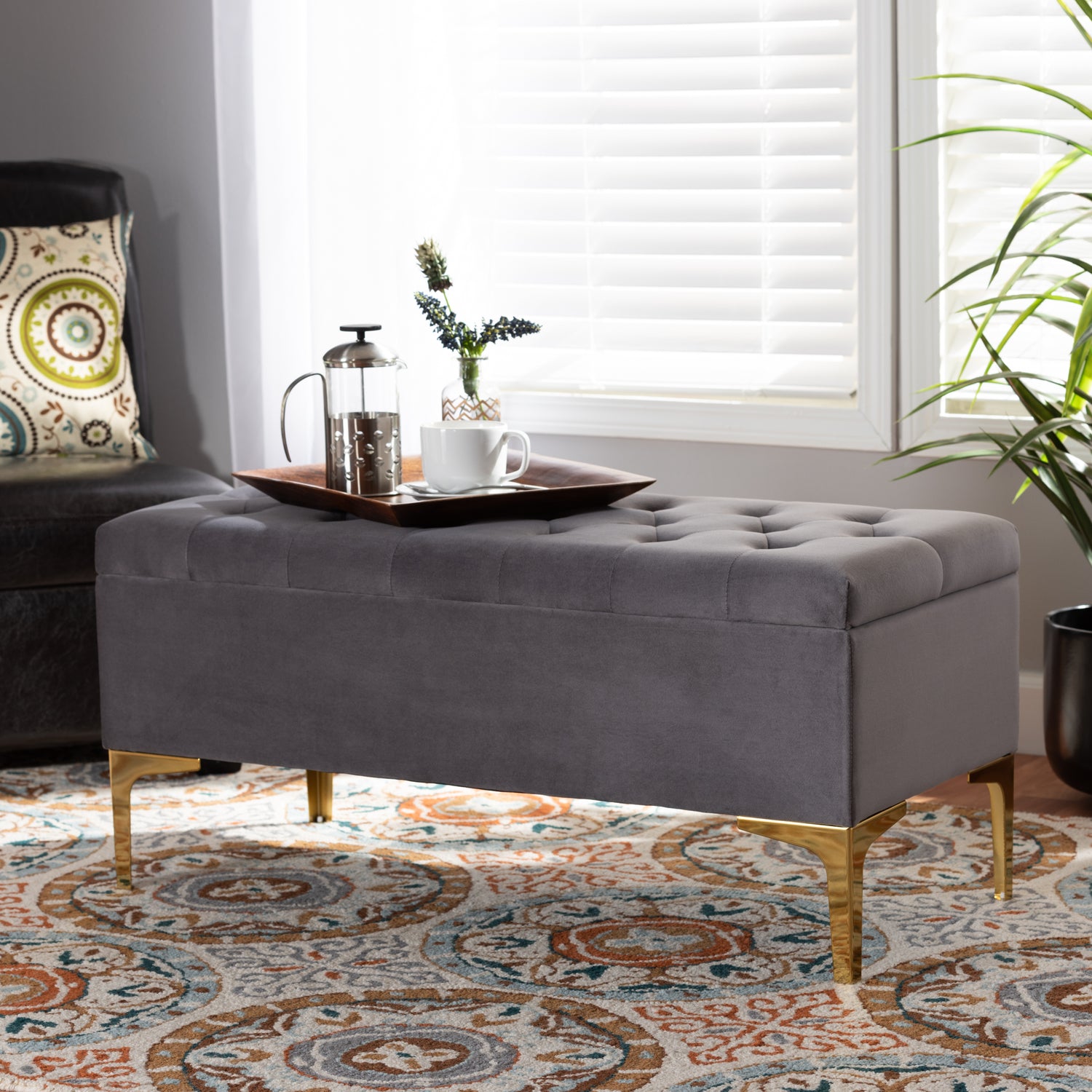 Valere Ottoman Glam and Luxe Grey Velvet Fabric Upholstered Gold Finished Button Tufted Storage