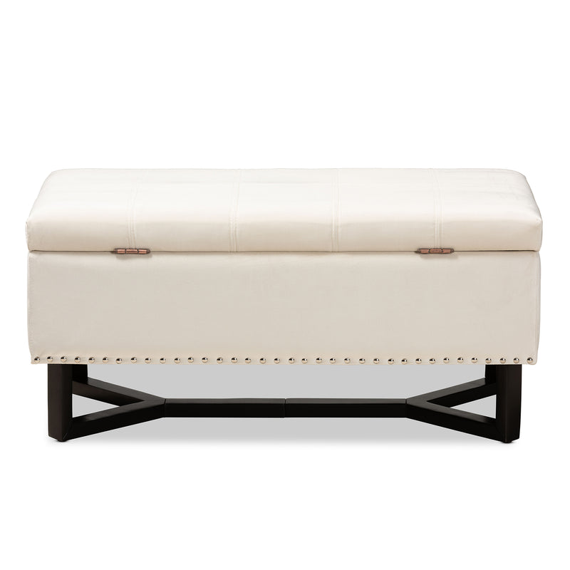 Esther Ottoman Modern and Contemporary Beige Velvet Fabric Upholstered Dark Brown Finished Wood Storage