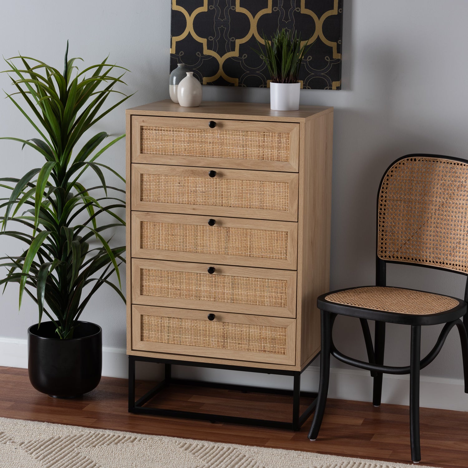 Amelia 5-Drawer Storage Cabinet Mid-Century Modern Design in Natural Brown Wood and Rattan for Stylish Organization and Storage Solutions