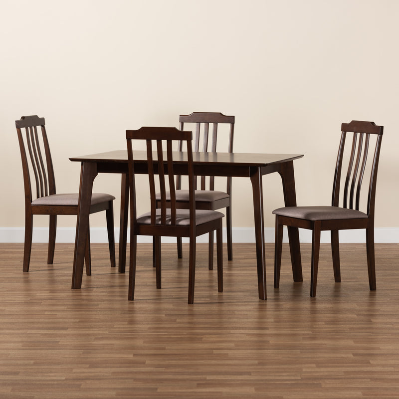 Clarissa Dining Set Mid-Century Modern 5-Piece Collection in Warm Grey Fabric and Dark Brown Wood Finish