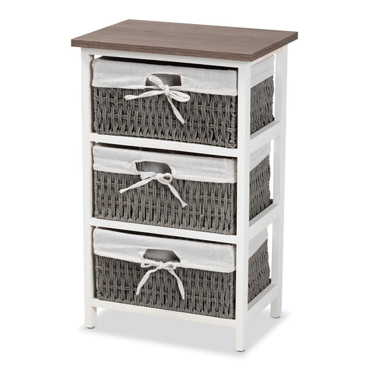 Terena Storage Unit - Modern Two-Tone Walnut Brown and White Wood with 3 Baskets for Organized Living and Stylish Décor