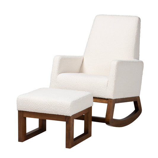 Yashiya Rocking Chair and Ottoman Set Mid-Century Modern Off-White Boucle Upholstered Walnut Brown Finished Wood 2-Piece