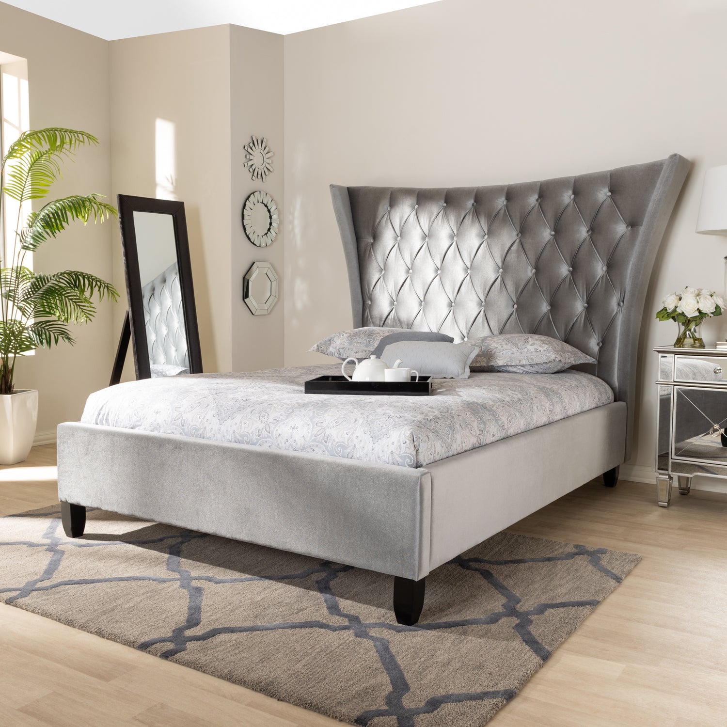 Viola Glam and Luxe Grey Velvet Fabric Upholstered Button Tufted Platform Bed