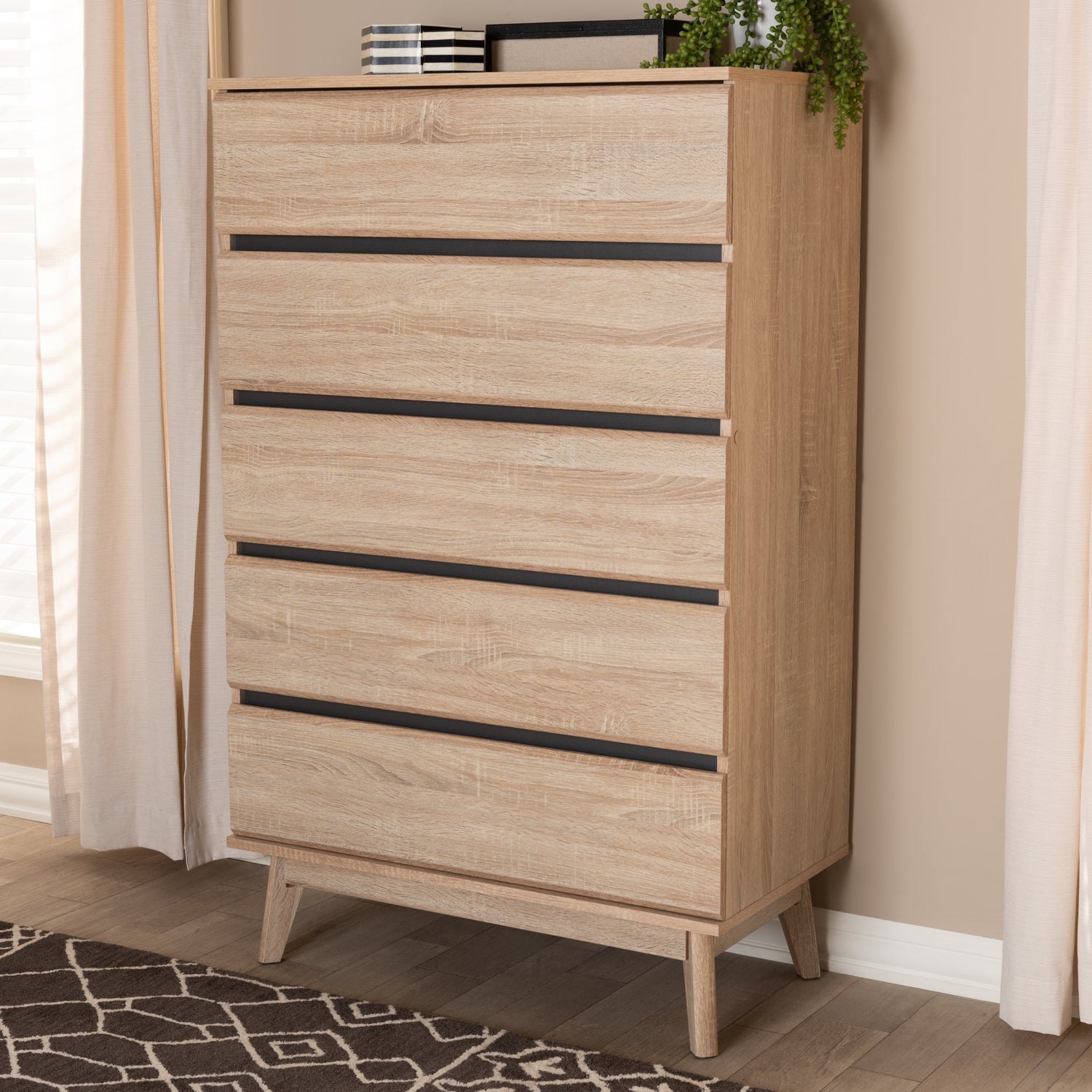 Miren Mid-Century Modern 5-Drawer Chest in Light Oak and Dark Grey Finish - Stylish Storage for Bedroom or Living Room