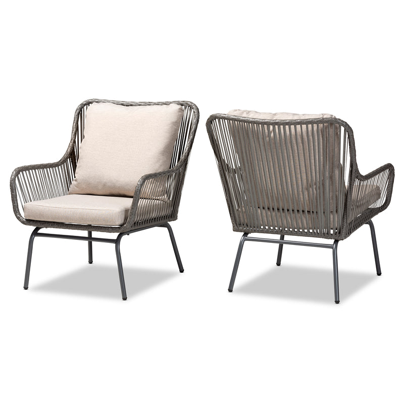 Dermot Patio Chair Set - Modern 2-Piece Upholstered Chairs in Beige Fabric and Grey Synthetic Rattan for Outdoor Living Spaces