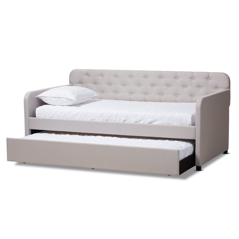 Camelia Sofa Daybed - Modern and Contemporary Beige Fabric Upholstered Button-Tufted with Roll-Out Trundle Guest Bed