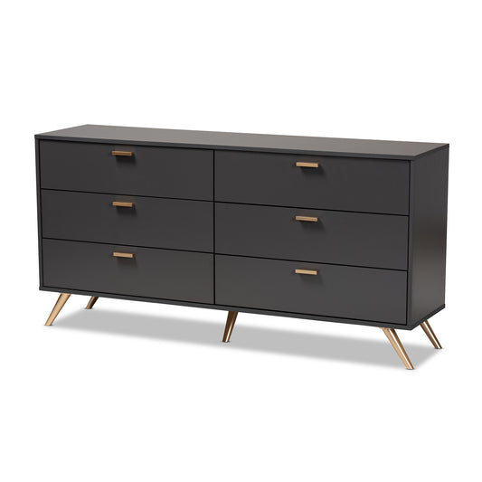 Kelson Modern 6-Drawer Dresser in Dark Grey and Gold Finished Wood, Stylish Storage for Bedroom or Living Room