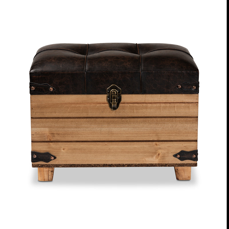 Edmund Storage Ottoman Rustic Dark Brown Faux Leather Upholstered with Oak Finished Wood