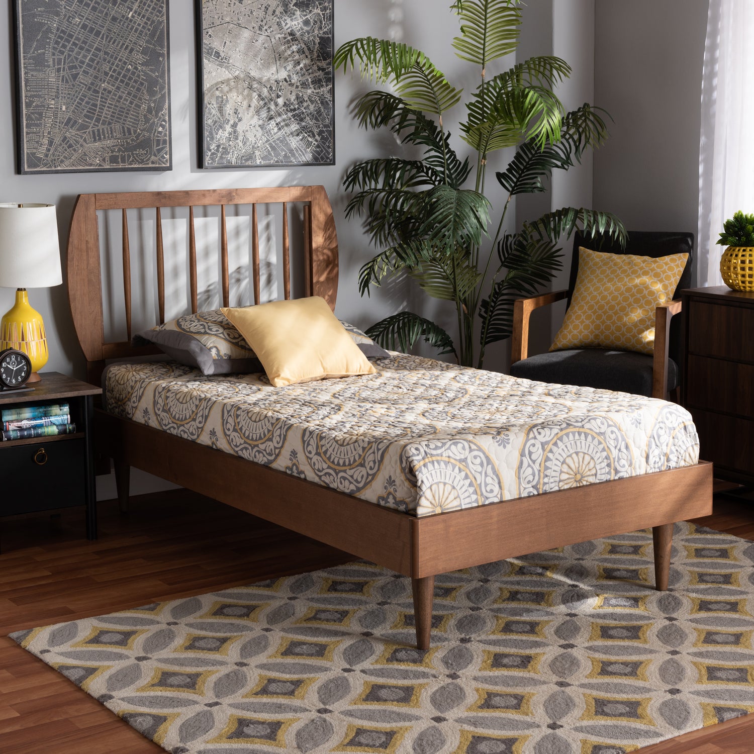 Chiyo Twin Size Platform Bed Mid-Century Modern Design in Walnut Brown Finished Wood for Stylish Bedroom Decor